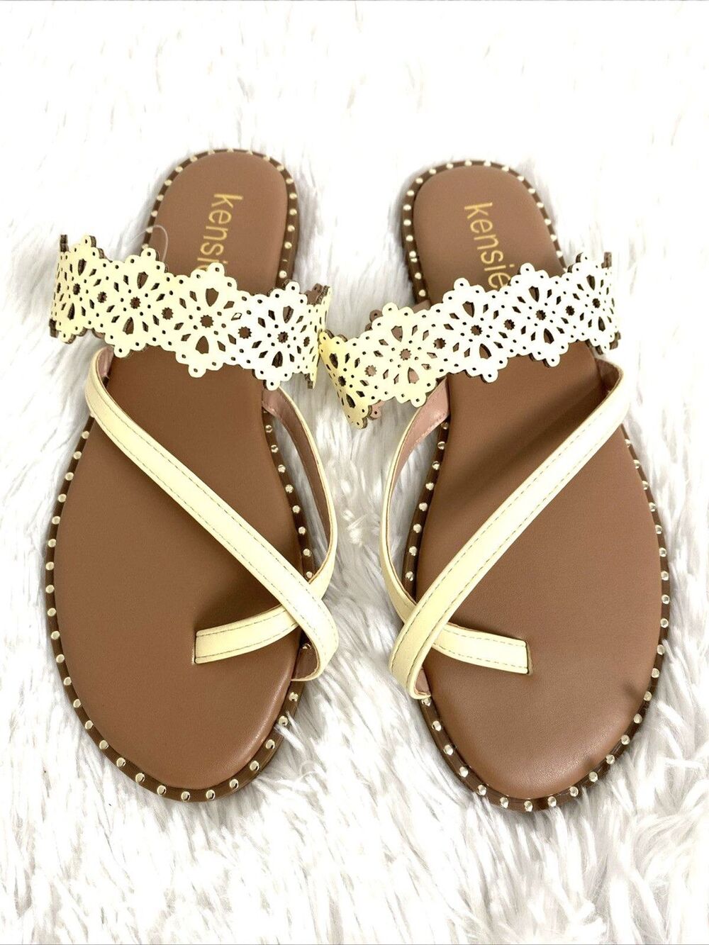 Kensie Women Slide Sandals Size 6.5 Beige Brown New Embellish Jeweled Slip On